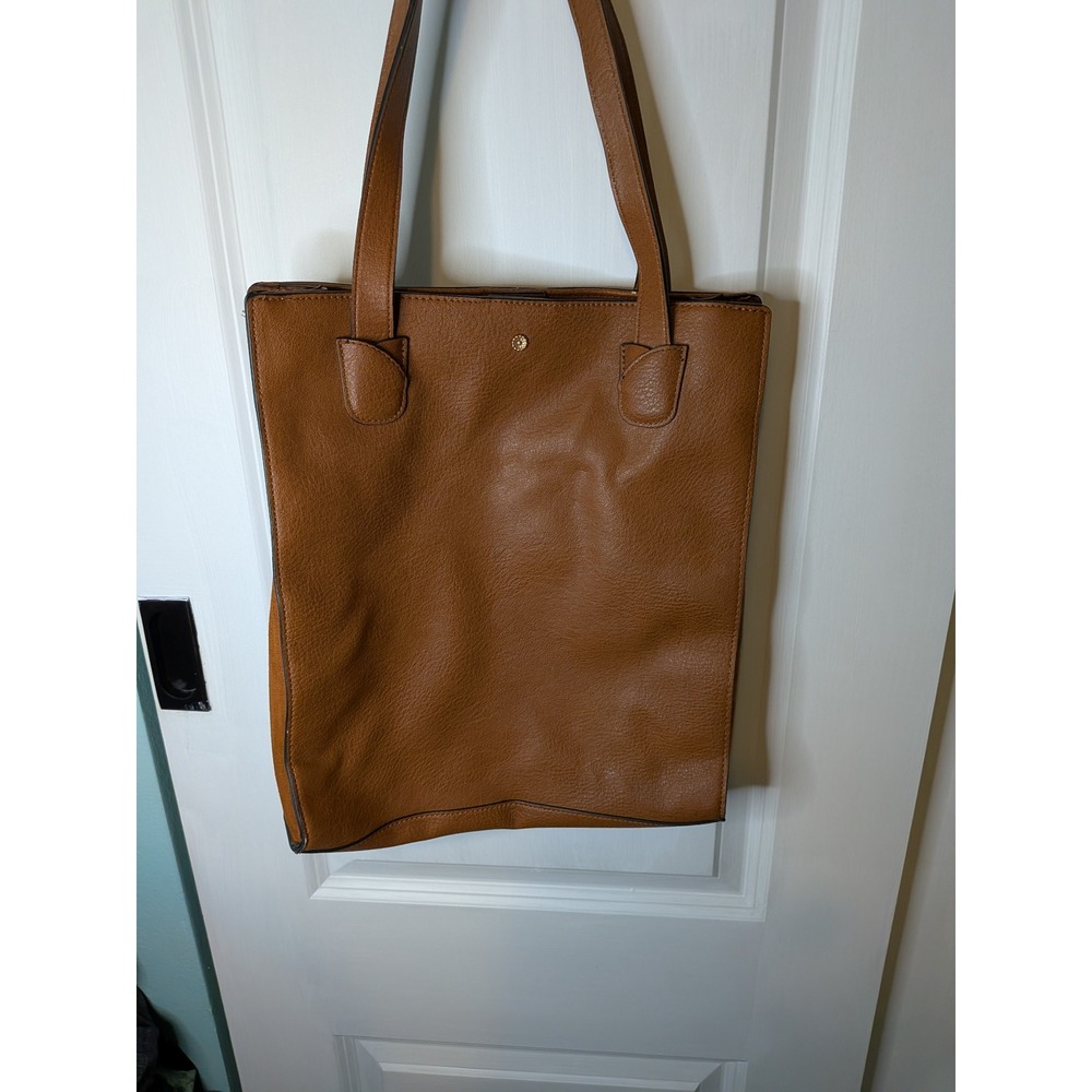 LC Lauren Conrad Cognac Brown Faux Leather Tote Bag Pebbled Shopper Gold Tone